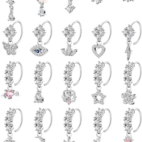 Jewelry - 20 Pcs Stainless Steel Dangle Nose Rings Set for Men Women Cute CZ Heart Moon St